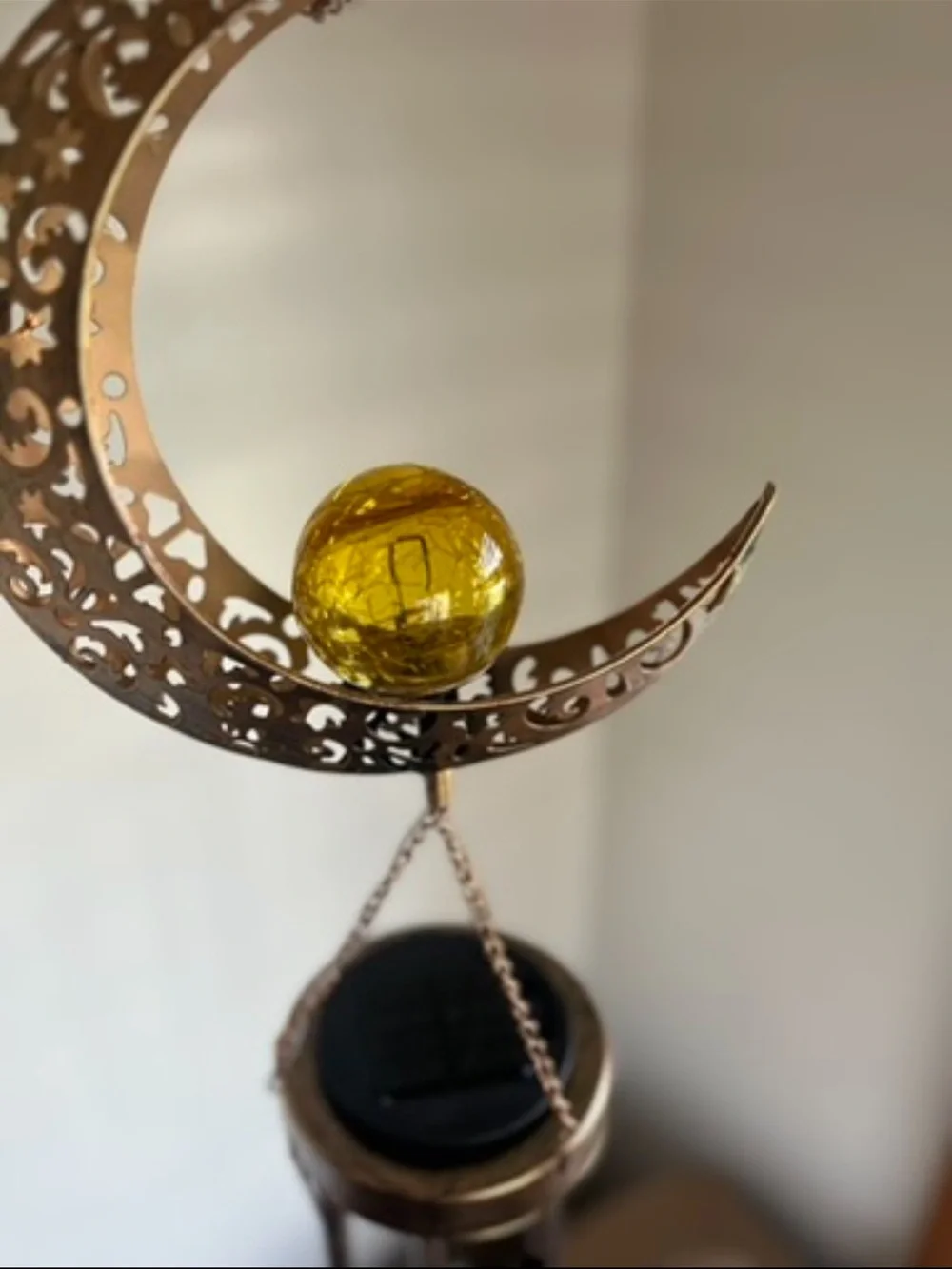 Gold Crescent Moon Wind Chime with Amber Glass Orb - Home Wall Decor